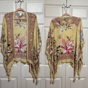 Nine West Yellow and Brown Floral Print Kimono Cardigan